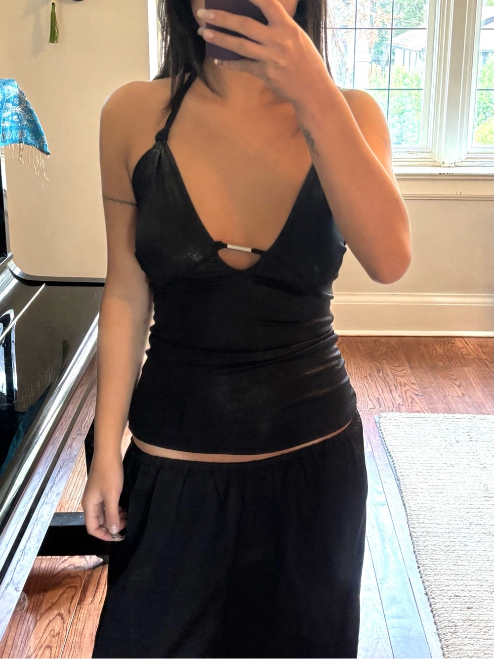 Vintage Italian Black Shimmer Stretchy Halter Tank Top with Silver Detail